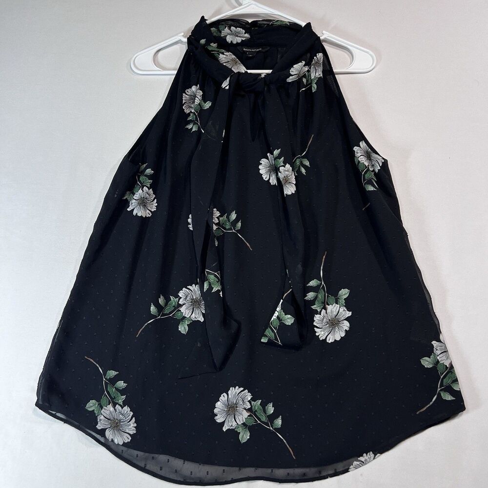 Banana Republic Floral Halter Top M Black Chiffon Swiss Dot Bow Neck Sleeveless